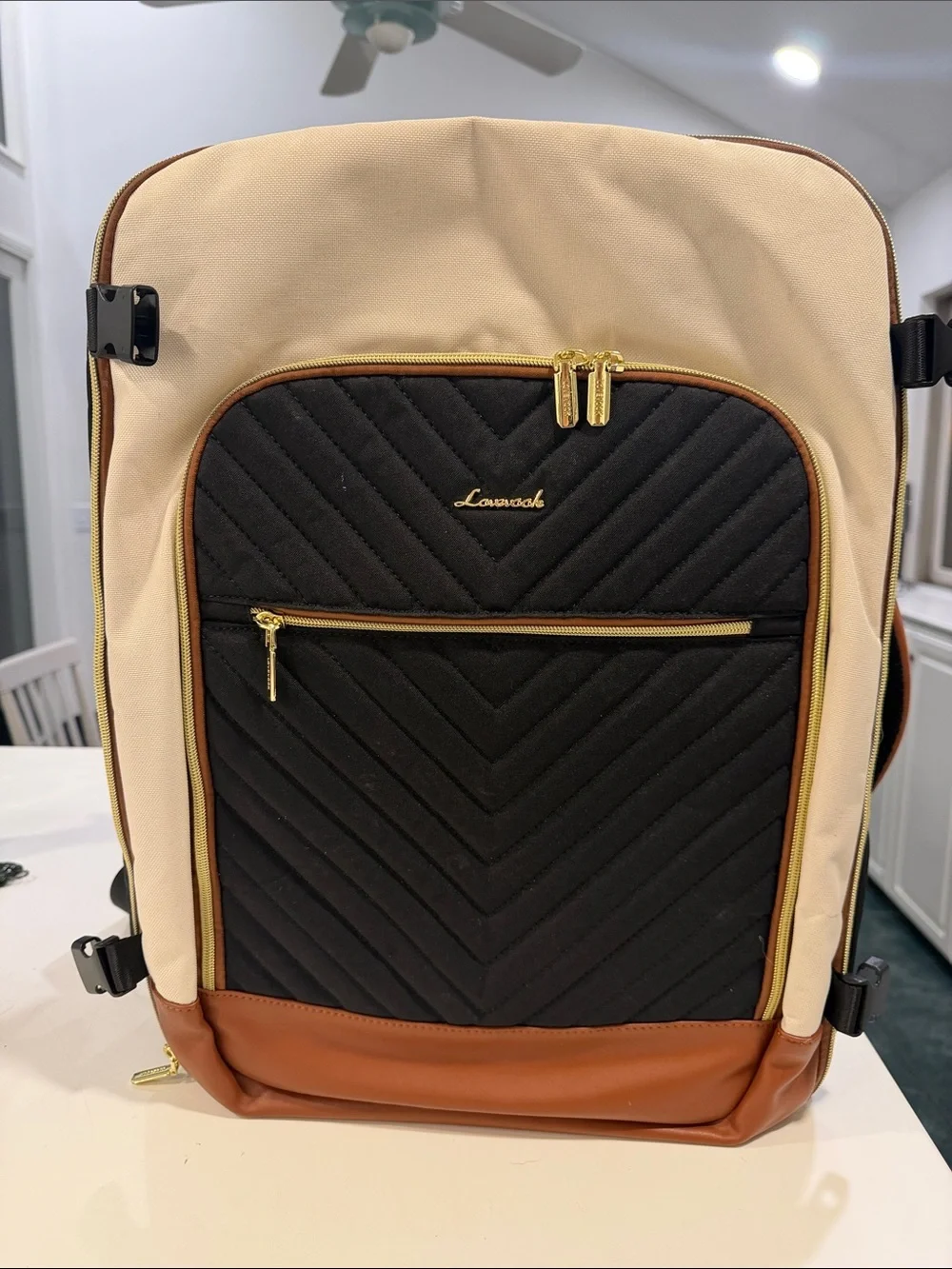 Black and Tan Quilted Travel Backpack Carry On
